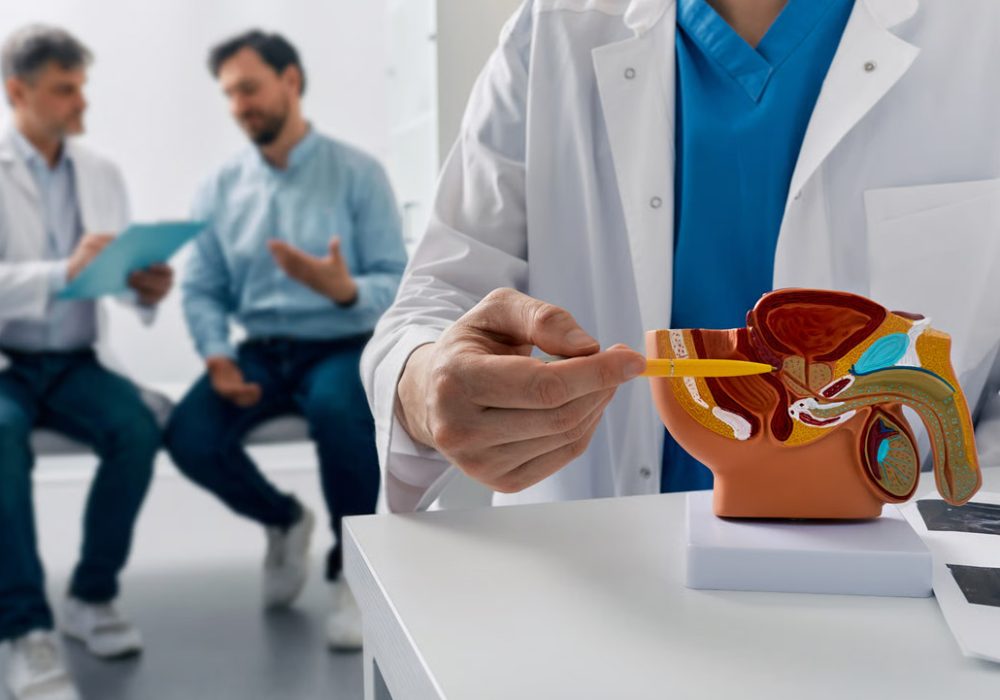 Doctor examining anatomical model of human body.